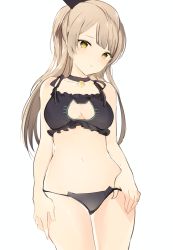 Rule 34 | 10s, 1girl, arms at sides, asymmetrical bangs, bad id, bad tumblr id, bare arms, bare shoulders, bell, black bow, black bra, black ribbon, blunt bangs, blush, bow, bra, breasts, brown hair, cat cutout, cat ear panties, cat lingerie, choker, cleavage, cleavage cutout, closed mouth, clothing cutout, collarbone, cowboy shot, hair bow, hand in panties, hand on own hip, head tilt, jingle bell, legs together, light smile, long hair, looking at viewer, love live!, love live! school idol project, lpip, meme attire, minami kotori, navel, panties, panty pull, pulling own clothes, ribbon, simple background, solo, standing, thighs, tsurime, underwear, underwear only, white background, yellow eyes