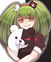 Rule 34 | 1girl, 1mascot, absurdres, alternate hair length, alternate hairstyle, arms around shoulders, bear hair ornament, black bow, bow, child, crazy eyes, crazy smile, danganronpa (series), danganronpa 3 (anime), green eyes, green hair, hair ornament, hairband, headband, headwear request, highres, long eyelashes, long hair, looking at viewer, matching hair/eyes, monokuma, red hairband, red headband, red headwear, simple background, smile, stuffed animal, stuffed toy, swastika, toothy grin, towa monaca, two-tone background, white background