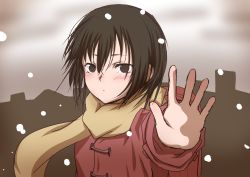 Rule 34 | 1girl, absurdres, black eyes, black hair, blush, boku dake ga inai machi, brown background, closed mouth, coat, commentary, expressionless, female focus, hair strand, highres, hinazuki kayo, looking at viewer, outstretched arm, red coat, scarf, short hair, snowflakes, snowing, so-ffi neko, solo, suika yama, upper body, wind, yellow scarf