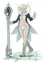 Rule 34 | 1girl, aqua gemstone, bikini, blonde hair, boots, brown footwear, chiki (botugo), collarbone, fantasy, fingernails, gem, grey background, hair between eyes, happy, holding, holding staff, jewelry, long hair, nail polish, navel, necklace, o-ring, open mouth, original, pink nails, revealing clothes, science fiction, simple background, smile, solo, staff, swimsuit, tongue, twintails, walking, waving, white bikini, wizard, yellow eyes