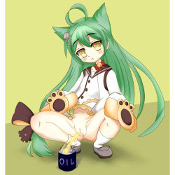 Rule 34 | 1girl, ahoge, akashi (azur lane), anus, azur lane, bottomless, cleft of venus, cup, fami-r, green hair, long sleeves, looking at viewer, peeing, peeing in bottle, pussy, solo, squatting, uncensored, yellow eyes