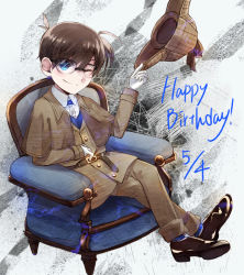 Rule 34 | 1boy, 960 (starryflowers), ;), alternate costume, belt, black-framed eyewear, blue eyes, blue socks, blue vest, brown belt, brown capelet, brown coat, brown footwear, brown hair, brown hat, brown pants, buttons, capelet, child, closed mouth, coat, collared shirt, commentary request, couch, crossed legs, dated, deerstalker, edogawa conan, english text, full body, glasses, gloves, hair between eyes, hand up, happy birthday, hat, holding, holding clothes, holding hat, looking at viewer, male focus, meitantei conan, one eye closed, pants, shirt, shoes, short hair, sitting, smile, socks, solo, unworn hat, unworn headwear, vest, white gloves, white shirt