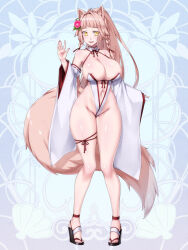 Rule 34 | 1girl, abstract background, ahoge, animal ears, bare hips, bare legs, bare shoulders, braid, breasts, chain paradox, character request, cleavage, clothing cutout, cocytus (wind master), commentary request, detached sleeves, flower, full body, groin, hair flower, hair intakes, hair ornament, hair tie, high heels, highleg, japanese clothes, large breasts, leotard, long hair, looking at viewer, navel, navel cutout, okobo, open mouth, platform footwear, ponytail, sandals, sideboob, smile, solo, standing, string, tail, twin braids, waving, wide sleeves, yellow eyes