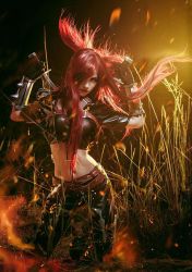 Rule 34 | cosplay, crop top, gloves, hair over one eye, katarina (league of legends), league of legends, long hair, looking at viewer, midriff, navel, red hair, solo