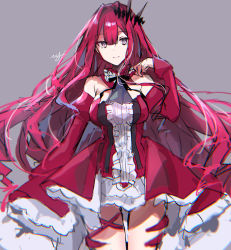 1girl absurdres baobhan_sith_(fate) baobhan_sith_(first_ascension)_(fate) bare_shoulders breasts circlet detached_collar detached_sleeves earrings fate/grand_order fate_(series) grey_eyes highres hitomin_(ksws7544) jewelry long_hair looking_at_viewer medium_breasts pink_hair pointy_ears sidelocks simple_background solo thighs very_long_hair