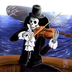Rule 34 | 1boy, afro, animal, ascot, black hair, brook (one piece), creature, formal, hat, holding, instrument, laboon, long hair, long sleeves, male focus, music, no humans, one piece, outdoors, playing instrument, realistic, scar, ship, skeleton, solo, standing, suit, top hat, violin, water, watercraft, whale