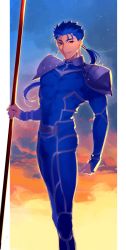 Rule 34 | 1boy, armor, beads, blue bodysuit, blue hair, bodysuit, cloud, cu chulainn (fate), cu chulainn (fate/stay night), earrings, fate/stay night, fate (series), floating hair, gae bolg (fate), grin, hair beads, hair ornament, highres, jewelry, long hair, male focus, muscular, muscular male, pauldrons, ponytail, red eyes, shoulder armor, skin tight, sky, smile, solo, spiked hair, sunset, uni (nico02)