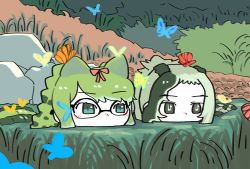 Rule 34 | 2girls, bad id, bad pixiv id, bug, butterfly, crocodilian tail, day, face, glasses, grass, green eyes, green hair, gunzan, highres, insect, kemono friends, long hair, looking afar, multicolored hair, multiple girls, outdoors, partially submerged, ponytail, saltwater crocodile (kemono friends), slit pupils, spectacled caiman (kemono friends), tail, water, wetland