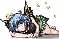 Rule 34 | 1girl, alternate breast size, antennae, aqua hair, breasts, bug, butterfly, butterfly wings, dress, eternity larva, eye20806972, fairy, green dress, hair ornament, highres, insect, insect wings, leaf, leaf hair ornament, leaf on head, looking at viewer, lying, medium breasts, multicolored clothes, short hair, short sleeves, solo, touhou, wings, yellow wings