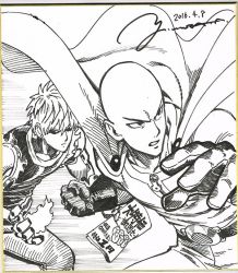 Rule 34 | 2boys, black sclera, cape, clenched hand, colored sclera, commentary request, dated, earrings, fire, frown, genos, gloves, greyscale, jewelry, male focus, marker (medium), monochrome, multiple boys, murata yuusuke, one-punch man, saitama (one-punch man), serious, signature, stud earrings, traditional media, translation request, zipper