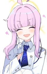 Rule 34 | 1girl, ahoge, blue archive, blue necktie, blush, closed eyes, collared shirt, gloves, halo, kaya (blue archive), long hair, long sleeves, mofujiro, necktie, open mouth, pink hair, shirt, simple background, smile, solo, white background, white gloves, white shirt, yellow halo