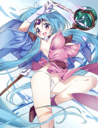 Rule 34 | 1girl, aqua hair, armpits, blush, breasts, circlet, commentary request, covered erect nipples, dress, fingerless gloves, gloves, haou taikei ryuu knight, highres, holding, holding staff, large breasts, long hair, looking at viewer, niko (tama), open mouth, paffy pafuricia, panties, pantyshot, pink dress, puffy nipples, purple eyes, shoes, smile, solo, staff, twintails, underwear, very long hair, white panties