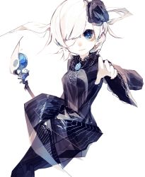 Rule 34 | 1girl, bandages, black thighhighs, blue eyes, brooch, cowboy shot, expressionless, eyepatch, flower, grabbing, hair flower, hair ornament, highres, jewelry, lace-trimmed collar, lace-trimmed sleeves, lace trim, long sleeves, looking at viewer, original, pendant, riuichi, simple background, solo, staff, thighhighs, weapon, white background, white hair, wide sleeves