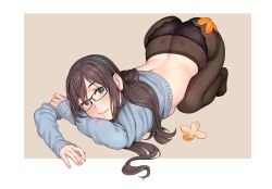 Rule 34 | 1girl, alternate costume, ass, back, black pantyhose, blush, breasts, brown hair, clothes pull, commentary request, glasses, green eyes, hairband, highres, kantai collection, lace, lace-trimmed panties, lace trim, lips, long hair, long sleeves, looking at viewer, no shoes, ooyodo (kancolle), orange peel, panties, panties under pantyhose, pantyhose, semi-rimless eyewear, simple background, small breasts, smile, solo, sweater, sweater pull, top-down bottom-up, underwear, yuuji (and)