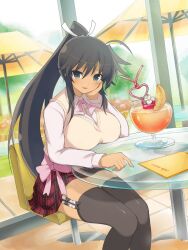 Rule 34 | 1girl, black garter straps, black hair, black thighhighs, blush, bow, breasts, cafe, casual, chair, cherry, commentary, crazy straw, cup, dark-skinned female, dark skin, dating, drink, drinking glass, drinking straw, english commentary, flower, food, frilled garter, frills, fruit, garter straps, glass table, green eyes, heart straw, high ponytail, highres, homura (senran kagura), large breasts, long hair, looking at viewer, menu, official art, open mouth, orange (fruit), orange slice, outdoors, pink bow, plaid, plaid skirt, pleated skirt, ponytail, ribbon, senran kagura, senran kagura new wave, senran kagura shoujo-tachi no shin&#039;ei, shared drink, shared straw, shirt, sitting, skirt, smile, solo, sweater vest, table, tan, thighhighs, tropical drink, umbrella, very long hair, waist bow, white ribbon, white shirt, window, yaegashi nan