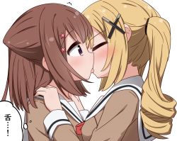 Rule 34 | 2girls, artist request, bang dream!, blonde hair, breasts, brown hair, couple, closed eyes, french kiss, hair ornament, hand on another&#039;s shoulder, highres, ichigaya arisa, kiss, long hair, medium breasts, multiple girls, open mouth, purple eyes, school uniform, short hair, simple background, tagme, tongue, tongue out, toyama kasumi, translation request, twintails, yuri