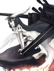 Rule 34 | 10s, 1girl, :o, abyssal ship, anchorage water oni, bad id, bad pixiv id, bare shoulders, bent over, black hair, breasts, colored skin, dress, fire, highres, horns, kantai collection, long hair, monster, open mouth, orange eyes, overskirt, runway, senaya eru, simple background, small breasts, solo, turret, very long hair, white background, white dress, white skin