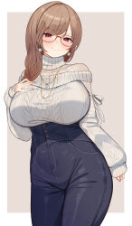Rule 34 | 1girl, absurdres, aran sweater, blue pants, braid, brown hair, cable knit, choco tanuki, denim, earrings, french braid, furen e lustario, glasses, hair over shoulder, hand on own chest, high-waist pants, highres, jeans, jewelry, long hair, long sleeves, looking at viewer, necklace, nijisanji, off-shoulder sweater, off shoulder, official alternate costume, outside border, pants, purple eyes, red eyes, see-through, sleeves past wrists, smile, solo, sweater, swept bangs, virtual youtuber, white sweater