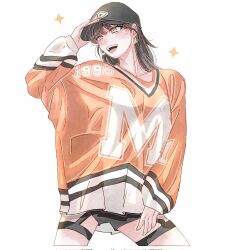 Rule 34 | 1girl, 7 (milu577610), animification, baggy clothes, black hat, black shorts, brown hair, collarbone, garter straps, hair behind ear, hand on headwear, hat, highres, k-pop, looking to the side, momo (twice), open mouth, orange shirt, real life, shirt, shorts, smile, solo, sparkle, thigh strap, twice (group), white background