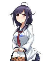 Rule 34 | 10s, 1girl, ahoge, black legwear, breasts, don (29219), hair flaps, hair ornament, kantai collection, long hair, looking at viewer, low twintails, magatama, purple hair, red eyes, school uniform, serafuku, smile, solo, taigei (kancolle), twintails