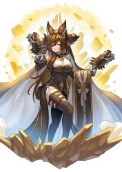 Rule 34 | 1girl, animal ears, breasts, brown hair, closed eyes, detached sleeves, dual wielding, galleon&#039;s jaw, galleon (granblue fantasy), gloves, granblue fantasy, gun, highres, holding, horns, large breasts, long hair, multicolored hair, pinky out, pointy ears, rock, sidelocks, smile, solo, streaked hair, very long hair, weapon, white gloves, yuiko (yuiyuiko 108)