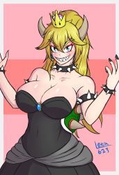 Rule 34 | 1girl, absurdres, armlet, bare shoulders, black dress, black nails, blonde hair, blue eyes, bowsette, bracelet, breasts, brooch, cleavage, collar, commentary, cowboy shot, crown, dress, earrings, english commentary, flat color, forked eyebrows, highres, horns, jewelry, large breasts, leku623, mario (series), nail polish, new super mario bros. u deluxe, nintendo, outside border, pink background, pointy ears, ponytail, sharp teeth, sidelocks, solo, spiked armlet, spiked bracelet, spiked collar, spiked shell, spikes, strapless, strapless dress, super crown, teeth, thick eyebrows, turtle shell