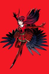 Rule 34 | 1girl, alternate costume, commentary, eyelashes, hair ornament, highres, horns, long hair, looking at viewer, pancakesorting, persona, persona 5, persona 5 the royal, red background, red eyes, red hair, serious, simple background, solo, yoshizawa kasumi
