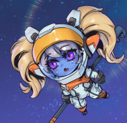 Rule 34 | 1girl, :o, astronaut, astronaut poppy, black gloves, blonde hair, blush, fang, full body, gloves, helmet, holding, holding weapon, league of legends, long hair, phantom ix row, pink eyes, poppy (league of legends), solo, space, space helmet, spacesuit, star (symbol), starry background, sweatdrop, twintails, weapon, yordle