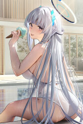 Rule 34 | 1girl, ass, back, blue archive, blunt bangs, blush, breasts, food, hair ornament, halo, highres, ice cream, ice cream cone, large breasts, long hair, looking at viewer, looking back, mechanical halo, nanaken nana, noa (blue archive), one-piece swimsuit, pool, poolside, purple eyes, sidelocks, sitting, smile, solo, swimsuit, thighs, tongue, tongue out, very long hair, white hair, white one-piece swimsuit