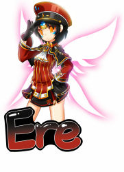 Rule 34 | 1girl, alternate hair color, alternate hair length, alternate hairstyle, bad id, bad pixiv id, black gloves, black hair, capelet, cosplay, ascot, edan (elsword), edan (elsword) (cosplay), elsword, eve (elsword), forehead jewel, gloves, hand on own hip, hat, light smile, poseich, salute, short hair, skirt, solo, uniform, white background, yellow eyes