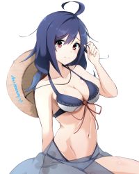 Rule 34 | 1girl, absurdres, ahoge, bikini, blue hair, breasts, collarbone, hair flaps, highres, honma (honmatomohiro), kantai collection, low twintails, medium breasts, navel, official alternate costume, red eyes, sarong, simple background, solo, swimsuit, taigei (kancolle), twintails, white background