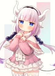 Rule 34 | 1girl, beads, blue eyes, buttons, capelet, cowboy shot, dragon girl, dragon horns, dress, frilled capelet, frills, gradient background, hair beads, hair ornament, highres, honotai, horns, kanna kamui, kobayashi-san chi no maidragon, light purple hair, long hair, long sleeves, low twintails, pink dress, signature, solo, tail, thighhighs, twintails, white background, white thighhighs