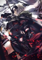Rule 34 | 1girl, :q, armor, armored dress, banner, black cape, black dress, black thighhighs, cape, dress, fate/grand order, fate (series), fur trim, gauntlets, highres, holding, holding weapon, jeanne d&#039;arc (fate), jeanne d&#039;arc alter (avenger) (fate), jeanne d&#039;arc alter (avenger) (first ascension) (fate), jeanne d&#039;arc alter (fate), looking at viewer, silver hair, solo, thighhighs, tongue, tongue out, tsuuhan, weapon, yellow eyes