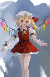 Rule 34 | 1girl, :d, absurdres, ascot, bare legs, blonde hair, blue background, bow, collared shirt, feet out of frame, fingernails, flandre scarlet, floating hair, frilled cuffs, frilled sleeves, frills, grey background, hair between eyes, hat, hat bow, highres, legs together, light blush, long hair, looking at viewer, miniskirt, mob cap, nail polish, no lineart, no nose, one side up, open hands, open mouth, outstretched arms, petticoat, puffy short sleeves, puffy sleeves, red bow, red eyes, red nails, red skirt, red vest, reddizen, shirt, short sleeves, skirt, skirt set, smile, solo, touhou, vest, white hat, white shirt, wing collar, wings, wrist cuffs, yellow ascot