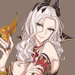Rule 34 | 1girl, bare shoulders, blue eyes, bracelet, breasts, carmilla (fate), cleavage, curly hair, fate/grand order, fate (series), fingernails, grey background, grey hair, hair ornament, horns, large breasts, long hair, mask, open mouth, ring, smile