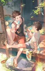 Rule 34 | 2boys, absurdres, aged down, black tank top, bottle, brown eyes, brown hair, candy, dappled sunlight, day, eating, electric fan, eye contact, food, full body, grey shorts, hand fan, highres, looking at another, male focus, miyagi ryouta, miyagi sota, multiple boys, paper fan, popsicle, porch, red shorts, shirt, shorts, sitting, slam dunk (series), slippers, smile, spiked hair, sunlight, tank top, toned, toned male, undercut, vidave1, wavy hair, white shirt, wind chime