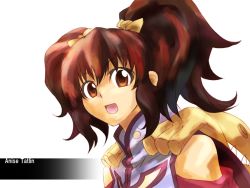 Rule 34 | 00s, 1girl, :d, anise tatlin, bare shoulders, blush, brown eyes, brown hair, character name, hair bobbles, hair ornament, haruka shiya, looking at viewer, open mouth, simple background, smile, solo focus, tabard, tales of (series), tales of the abyss, tokunaga (tales), twintails, white background