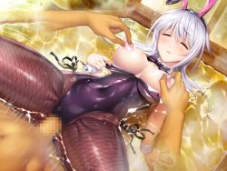 Rule 34 | 1girl, amamiya shisui, animal ears, bare shoulders, blush, bow, bowtie, breasts, closed eyes, cuffs, detached collar, faceless, faceless male, fake animal ears, fishnet pantyhose, fishnets, fuuma kotarou (taimanin series), game cg, large breasts, leotard, lilith-soft, long hair, lying, motion blur, motion lines, nervous, nipple stimulation, nipples, on back, pantyhose, penetration through clothes, pulling own clothes, rabbit ears, sauna, sex, spread legs, steam, strapless, strapless leotard, taimanin (series), taimanin rpgx, water, wet, wet clothes, white hair
