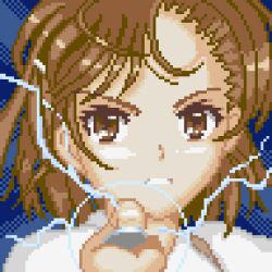 Rule 34 | 1girl, aiming, aiming at viewer, blue background, brown eyes, brown hair, clenched teeth, coin, commentary request, electricity, electrokinesis, hand up, holding, holding coin, incoming attack, jx7d-kjm, looking at viewer, lowres, medium bangs, medium hair, misaka mikoto, partial commentary, pixel art, portrait, psychic, railgun (misaka mikoto), shirt, solo, teeth, toaru kagaku no railgun, toaru majutsu no index, v-shaped eyebrows, white shirt