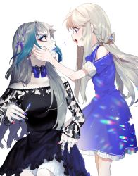 Rule 34 | !, 1boy, 1girl, :d, bad id, bad twitter id, bare shoulders, black dress, blue choker, blue dress, blue lips, blue nails, blue neckwear, blush, bow, bowtie, braid, choker, clothing cutout, die (ohisashiburi), dress, eye contact, eyeshadow, fingernails, green hair, grey hair, hair bow, herme, highres, jewelry, lipstick, long hair, long sleeves, looking at another, makeup, multicolored hair, multicolored nails, multiple girls, nail polish, ohisashiburi, open mouth, original, pale skin, parted lips, profile, purple bow, purple eyes, purple nails, red eyes, red nails, ring, short sleeves, shoulder cutout, smile, standing, streaked hair, wide-eyed