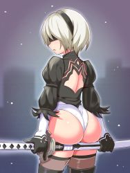 Rule 34 | 1girl, android, ass, ass support, blindfold, blush, cougar (cougar1404), from behind, gloves, hairband, holding, holding behind back, katana, leotard, looking at viewer, looking back, nier:automata, nier (series), open mouth, shiny skin, short hair, solo, sword, thighhighs, thong, thong leotard, weapon, white hair, 2b (nier:automata)
