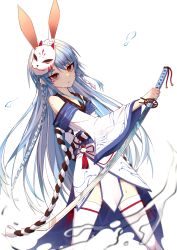 Rule 34 | 1girl, absurdres, animal ear fluff, animal ears, bare shoulders, blue hair, extra ears, highres, himura soichiro, holding, holding sword, holding weapon, hololive, japanese clothes, katana, kimono, kouhaku nawa, long hair, long sleeves, mask, mask on head, multicolored hair, parted lips, rabbit ears, red eyes, rope, shimenawa, short eyebrows, simple background, solo, standing, sweat, sword, thick eyebrows, thighhighs, two-tone hair, usada pekora, v-shaped eyebrows, very long hair, virtual youtuber, weapon, white background, white hair, white kimono, white thighhighs, wide sleeves