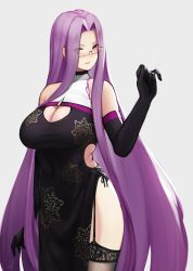 Rule 34 | 1girl, bare shoulders, black dress, black gloves, black thighhighs, breasts, cleavage, cleavage cutout, clothing cutout, covered navel, cowboy shot, dress, elbow gloves, eyes visible through hair, fate/stay night, fate (series), forehead, garter straps, glasses, gloves, grey-framed eyewear, grey background, hand up, hayabusa (vert 320), highres, large breasts, long hair, looking at viewer, medusa (fate), medusa (rider) (fate), parted lips, pelvic curtain, purple eyes, purple hair, semi-rimless eyewear, signature, simple background, sleeveless, sleeveless dress, smile, solo, straight hair, thighhighs, turtleneck, turtleneck dress, under-rim eyewear, v-shaped eyebrows, very long hair