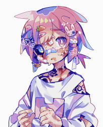 Rule 34 | 1boy, absurdres, animal print, arm cutout, arm tattoo, bandaid, bandaid hair ornament, bandaid on cheek, bandaid on face, bandaid on nose, bandana, bear hair ornament, bite mark, bite mark on hand, bite marks, black sclera, blue eyes, blush, bow, bow hair ornament, bruise, carrot, clothing cutout, colored sclera, commentary request, crying, crying with eyes open, cupcake hair ornament, cut on face, cuts, drooling, furrowed brow, hair between eyes, hair clipper, hair ornament, hairclip, hands up, heart, heterochromia, highres, injury, long sleeves, looking at viewer, male focus, mouth drool, musical note, open mouth, original, patch, pink bunny, pink eyes, pink hair, ponytail, rabbit hair ornament, rabbit print, raised eyebrows, raito-kun (uenomigi), shirt, short hair, short ponytail, shoulder cutout, sidelocks, simple background, solo, star (symbol), stitched face, stitched neck, stitches, sweat, tagme, tattoo, tattoo on neck, tears, uenomigi, upper body, white background, white shirt
