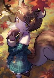 Rule 34 | 1girl, animal ears, autumn leaves, brown eyes, brown hair, character request, dress, eating, female focus, food, fur trim, hair ornament, hairclip, highres, holding, holding food, k725, outdoors, solo, squirrel ears, squirrel tail, sweet potato, tail, tree, virtual youtuber