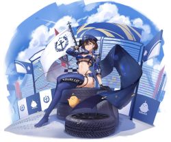 Rule 34 | 1girl, absurdres, arm support, arm up, azur lane, baltimore (azur lane), baltimore (finish line flagbearer) (azur lane), bikini, bird, black bikini, black choker, black gloves, blue bikini, blue footwear, blue headwear, blue jacket, blue sky, boots, braid, breasts, brown hair, chick, chinese commentary, choker, cleavage, closed mouth, cloud, collarbone, commentary, cropped jacket, day, flag, french braid, full body, gloves, groin, hair between eyes, hat, highleg, highleg bikini, highres, jacket, large breasts, looking at viewer, manjuu (azur lane), meinoss, micro shorts, mismatched bikini, navel, official alternate costume, open clothes, open jacket, peaked cap, pole, race queen, shadow, short hair, shorts, sidelocks, sitting, skid mark, sky, smile, solo focus, stomach, swimsuit, tachi-e, thigh boots, tire, underboob, underbust, white background, yellow eyes