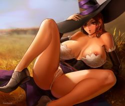 Rule 34 | 1girl, bare shoulders, breasts, brown eyes, commentary, detached sleeves, dragon&#039;s crown, dress, english commentary, field, hat, huge breasts, long hair, lying, nextoad, nipple slip, nipples, no legwear, no socks, on back, one breast out, outdoors, panties, partially visible anus, partially visible vulva, red hair, shoes, solo, sorceress (dragon&#039;s crown), spread legs, strapless, strapless dress, surprised, thick thighs, thighs, underwear, upskirt, watermark, white panties, witch hat