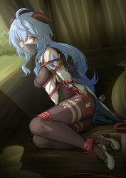 Rule 34 | 1girl, absurdres, ahoge, arms behind back, bare shoulders, bdsm, black gloves, black pantyhose, blue hair, bodystocking, bondage, bound, bound ankles, bound legs, breasts, cloth gag, commentary, detached sleeves, english commentary, gag, gagged, ganyu (genshin impact), genshin impact, gloves, high-waist skirt, high heels, highres, horns, improvised gag, indoors, long hair, looking at viewer, medium breasts, pantyhose, purple eyes, restrained, rope, skirt, solo, thighband pantyhose, thighs, vakaosciosa, very long hair, wagon, white footwear, white skirt