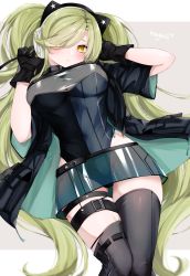 Rule 34 | 1girl, asymmetrical legwear, black gloves, black jacket, black leotard, black thighhighs, blush, breasts, character name, cleavage, closed mouth, girls&#039; frontline, gloves, green hair, hair over one eye, headphones, highres, jacket, kairi630, large breasts, leotard, long hair, magal (girls&#039; frontline), microskirt, pouch, see-through, simple background, skindentation, skirt, solo, star (symbol), thigh strap, thighhighs, thighs, twintails, two-tone background, uneven legwear, yellow eyes