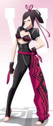 Rule 34 | 1girl, absurdres, alternate costume, barefoot, breasts, brown hair, capcom, detached sleeves, feet, female focus, fingerless gloves, full body, gloves, gradient background, han juri, highres, nail polish, pink eyes, purple nails, short hair, smile, solo, stiky finkaz, street fighter, third-party edit, toeless legwear, toes, vector trace